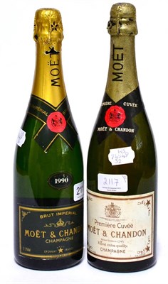 Lot 2117 - Moet et Chandon 1990 and NV (two bottles) U: 1cm and 1.5cm inverted, NV bottle has some age,...