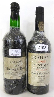 Lot 2193 - Taylor 1963, vintage port; Graham 1963, vintage port (two bottles) U: label and capsule of...