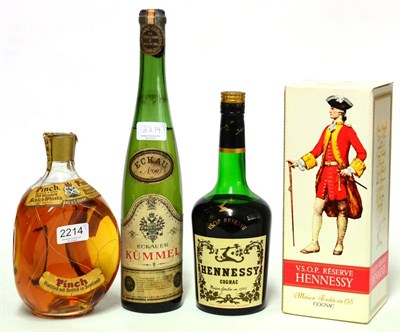 Lot 2214 - Eckau Kummel Liqueur, early 20th century, Russian label; Hennessy VSOP Reserve, in original...