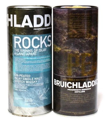Lot 2248 - Bruichladdich Peat, 70cl, 46%, in original presentation tin; Bruichladdich Rocks, 70cl, 46%, in...