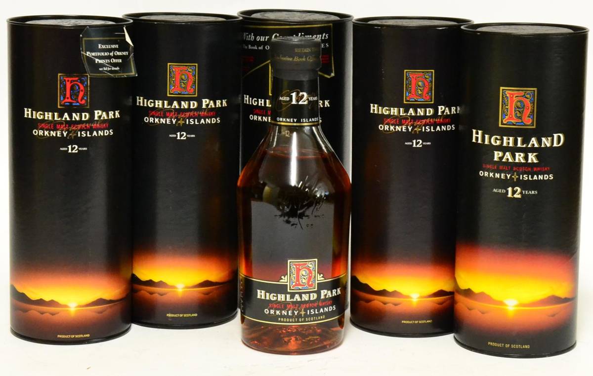 Lot 2271 - Highland Park 12 Year Old 1990's Sunset Tin, 70cl, 40% (x5) (five bottles)