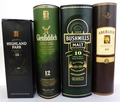 Lot 2210 - Aberlour 10 Year Old; Glenfiddich 12 Year Old; Highland Park 12 Year Old; Bushmills 10 Year...