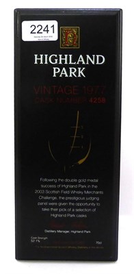 Lot 2241 - Highland Park 1977 Cask 4258 Scottish Field Merchants Cask, one of 480 bottles, 70cl, 52.1%, in...