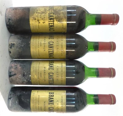 Lot 2010 - Chateau Brane Cantenac 1969, Margaux (x4) (four bottles) U: 2x upper shoulder, 2x upper/mid...