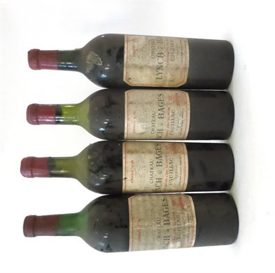 Lot 2101 - Chateau Lynch Bages 1955 (x3) & 1957, Pauillac (four bottles) U:upper/mid shoulder, bin soiled...