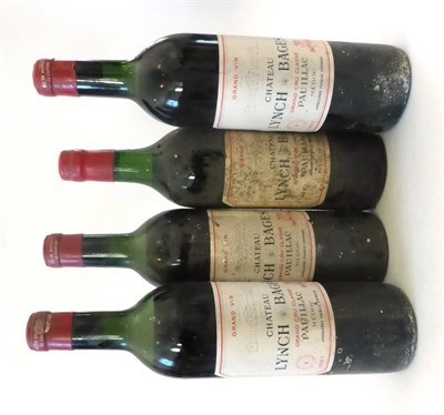 Lot 2102 - Chateau Lynch Bages 1957 (x3) & 1966, Pauillac (four bottles) U: mid shoulder to upper...