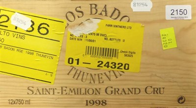 Lot 2150 - Clos Badon Thunevin 1998, Saint-Emilion Grand Cru, owc (twelve bottles)