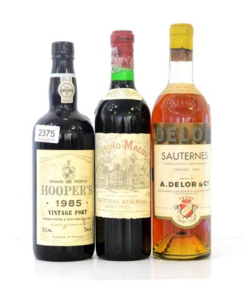 Lot 2375 - Hoopers 1985, vintage port; Sauternes 1955, A Delor bottling; Cousino Macul 1981 (three bottles)