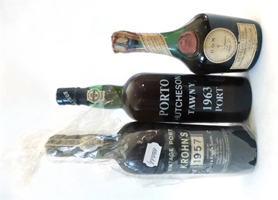 Lot 2406 - Wiese & Krohn 1957, vintage port; Hutcheson Tawny 1963; Dom Benedictine (half bottle) U: into neck