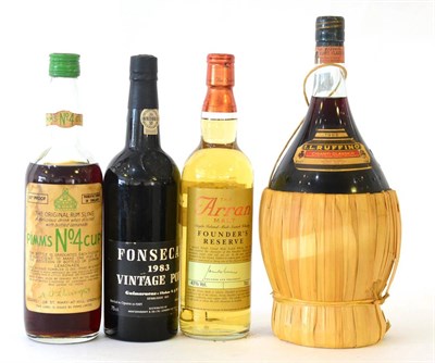 Lot 2504 - Arran Founders Reserve, 70cl, 43%; Fonseca 1983, vintage port; Pimms No.4 Cup; I L Ruffino 1988...