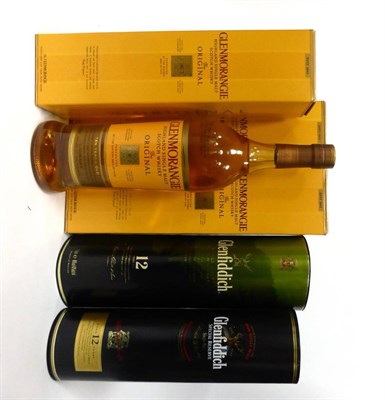 Lot 2536 - Glenmorangie NAS litre (x2) & 70cl; Glenfiddich 12 Year Old litre & 70cl (five bottles)