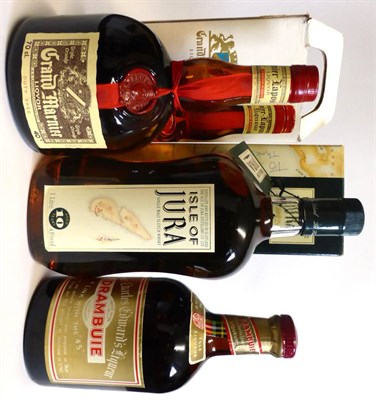 Lot 2551 - Jura 10 Year Old, litre, 43%, in original carton; Drambuie, probably 1960's, no capacity or...