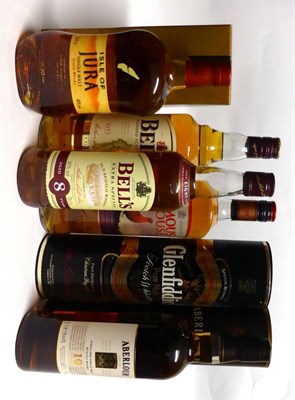 Lot 2206 - Jura 10 Year Old - Old Style Label, 70cl, 40%; Glenfiddich Pure Malt; Aberlour 10 Year Old;...