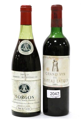 Lot 2047 - Chateau Latour 1964, Pauillac; Louis Latour Morgon 1969 (two bottles) U: upper shoulder, 4cm