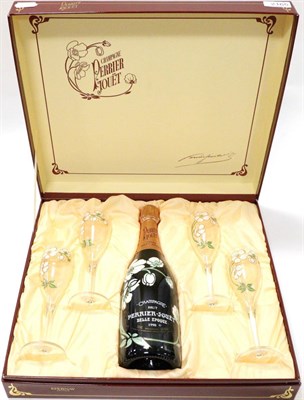 Lot 2165 - Perrier Jouet 1990 Belle Epoque, vintage champagne, in presentation case with four glasses