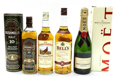 Lot 2279 - A Mixed Parcel Comprising: Bells, The Famous Grouse, Bushmills, Moet et Chandon (four bottles)