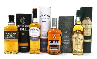 Lot 2322 - Jura Superstition; Auchentoshan; Highland Park 12 Year Old; Bowmore Legend, all 70cl, various...