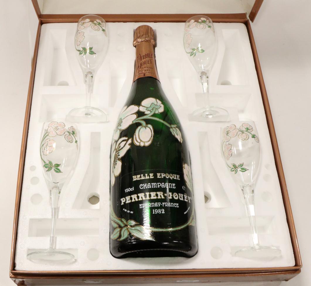 Lot 2223 - Perrier-Jouet Belle Epoque 1982, vintage champagne, magnum, cased presentation set with four flutes