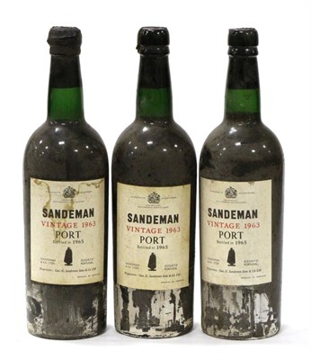 Lot 2244 - Sandeman 1963, vintage port (x3) (three bottles) U: top shoulder or just into neck, soiled labels