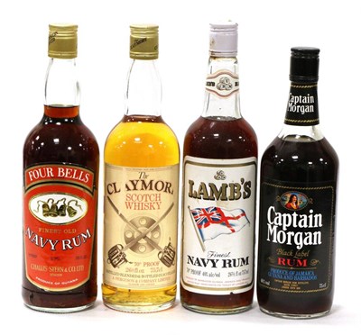 Lot 2342 - Four Bells Navy Rum, 26 2/3fl ozs; Captain Morgan Black Label, 75cl, 40%; Lambs Navy Rum, 26...