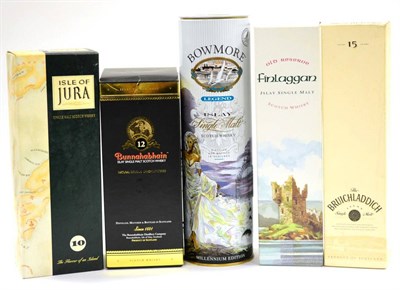 Lot 2381 - Bowmore Legend of the Giant Princess; Bunnahabhain 12; Jura 10 Year Old Old Style; Bruichladdich 15