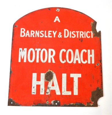 Lot 2012 - A Red Enamel Double-Sided Bus Stop Sign, with white painted lettering A BARNSLEY & DISTRICT...