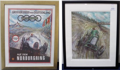 Lot 2016 - After Phil May (20th century contemporary) Aston Martin Razorblade, Brooklands 1923 Signed...