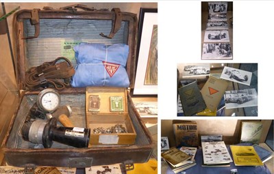 Lot 2021 - A Collection of Car Automobilia, to include a vintage leather suitcase containing blue Alvis...