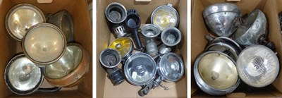 Lot 2044 - Three Boxes Containing 1920s/30s Car Head Lamps, Spot Lamps and Bike Lamps, including a brass...