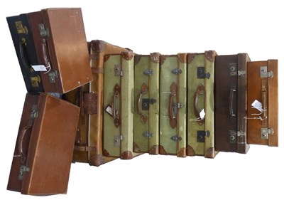 Lot 2046 - Five Vintage Leather Suitcases of assorted sizes with chrome and brass fittings; Four Green...
