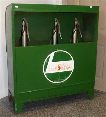 Lot 2048 - A Green Painted Castrol Oil Station, repainted case containing three oil pumps with sliding...