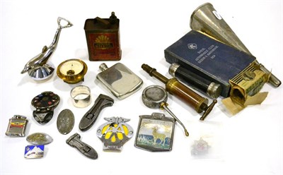 Lot 2008 - A Collection of Vintage Car Memorabilia, to include a silver plated hip flask engraved with the...