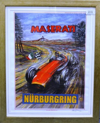 Lot 2019 - After Phil May (20th century contemporary) ";Maserati Nurburgring 1957 Viva Fangio";, a...