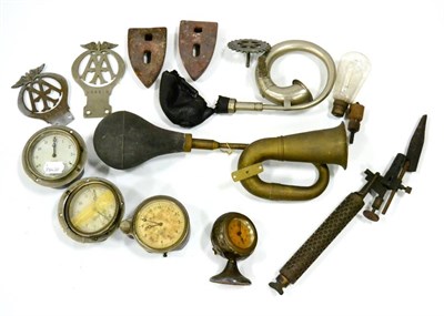 Lot 2033 - A Quantity of Car Spares, to include three Smiths circular dashboard clocks, a 1930's brass car...