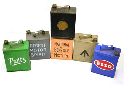 Lot 2037 - Six Vintage Petrol Cans, repainted, to include green painted Pratts, black painted Shell, grey...