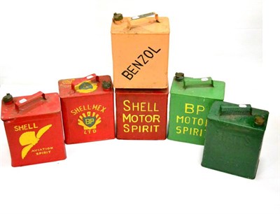 Lot 2038 - Six Vintage Petrol Cans, repainted, to include red and yellow Shell Mex, two red Shell, green...