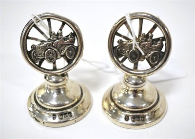 Lot 2011 - A Pair of Edwardian Silver Menu Holders, Birmingham 1907, each modelled as a 1903 Gladiator...