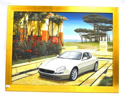 Lot 2031 - Trevor Neal (b.1947)  Maserati 3200 GT in a classical setting and Mediterranean landscape,...