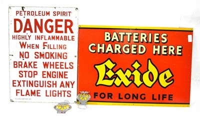 Lot 2033 - A Vintage Enamel Car Sign ";Petroleum Spirit Danger";, stamped G and MA Notice 42, 53cm by 38cm; An