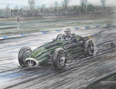 Lot 2034 - Phil May (20th century contemporary) ";Stirling Moss Wins on his Maserati 250F (2508)"; Watercolour