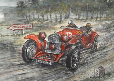 Lot 2037 - Phil May (20th century contemporary) ";Mille Miglia 2.3 litre Alfa Romeo GT 1933"; Watercolour...