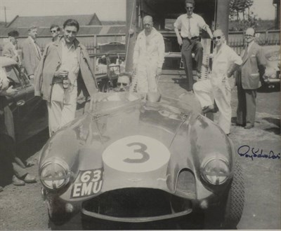 Lot 2044 - A Signed Photographic Print of Roy Salvadori with the 1963 Emu Aston Martin DB3, framed and glazed