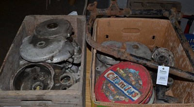 Lot 2050 - Triumph Tiger Cub Frame and Spares Front frame section and two boxes containing gearbox...