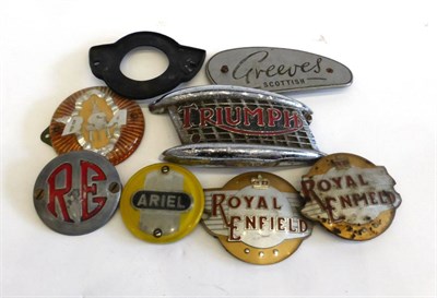 Lot 2013 - Seven Vintage Motor Bike Name Plates to include a Greeves, a Triumph, two Royal Enfields, an R E, a