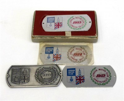 Lot 2031 - Four London Metal Coated Motor Club Finishers Plaques, Dated 1952, 1953 Boxed, 1954 (within...