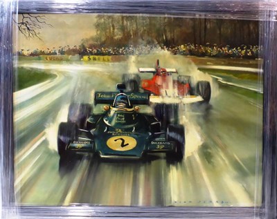 Lot 2055 - Dion Pears (1929-1985)  Two JPS racing cars  Signed, oil on canvas, 71cm by 90cm   Buyer's...