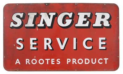 Lot 2071 - A ";Singer Service, A Rootes Product";  Red Enamel Single-Sided Advertising Sign, with eleven drill