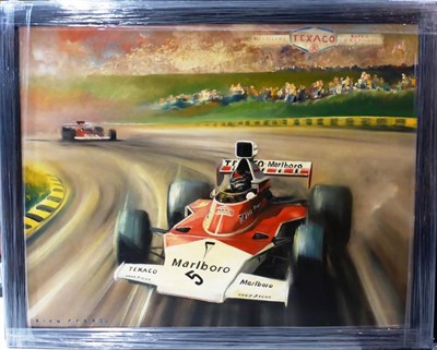 Lot 2078 - Dion Pears (1929-1985)  Marlboro five racing car driven by Emerson Fittipaldi  Signed, oil on...