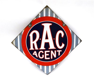 Lot 2087 - A ";RAC Agent"; Enamel Double-Sided Lozenge Shaped Advertising Sign, with drill holes, 64cm by 64cm