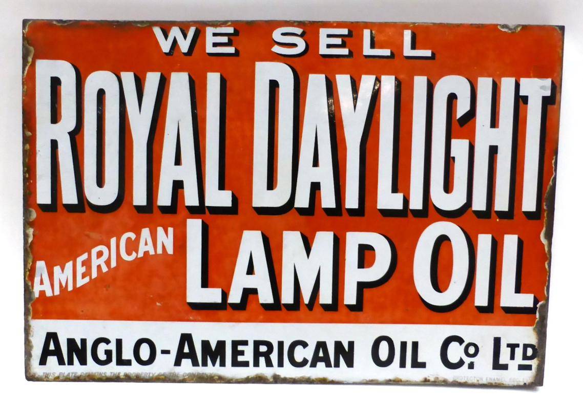Lot 2091 - An Anglo-American Oil Co Limited Double-Sided Enamel Sign ";We Sell Royal Daylight American...